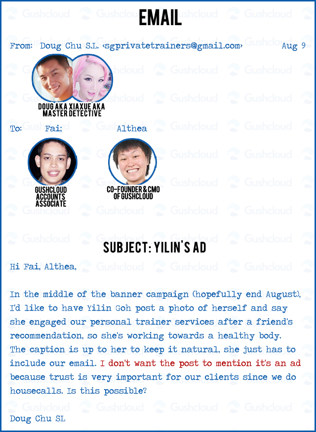 The e-mail sent to Gushcloud using 'SG Private Trainers'