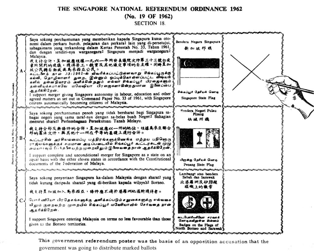 The ballot paper for the 1962 Singapore Independence Referendum.