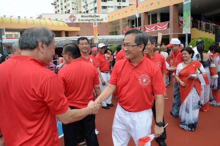 Lim Biow Chuan (right) greeting residents at Mountbatten SMC Photo: Desmond Wee (ST)
