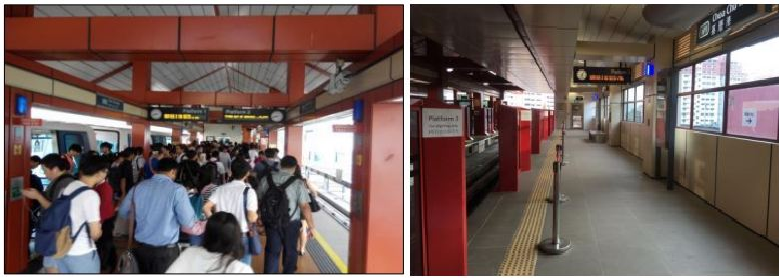 Before: Commuters currently board and alight from a single platform. After: New designated platforms for alighting.