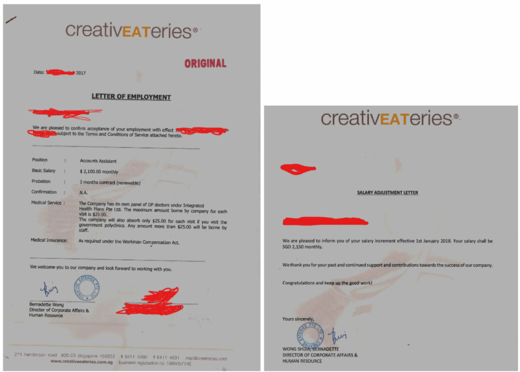 J’s letter of employment and salary adjustment letter. Employed for about 14 months, her starting pay was $2,100 per month.