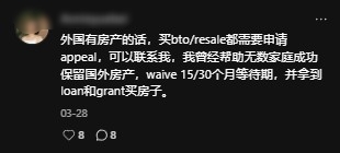 The comment read: 'If you own overseas property, you must apply to buy a BTO or resale flat. If you want to appeal, you can contact me. I've helped countless families successfully keep their overseas properties, waive the 15/30-month waiting period, and get a loan and grant to buy a flat.'